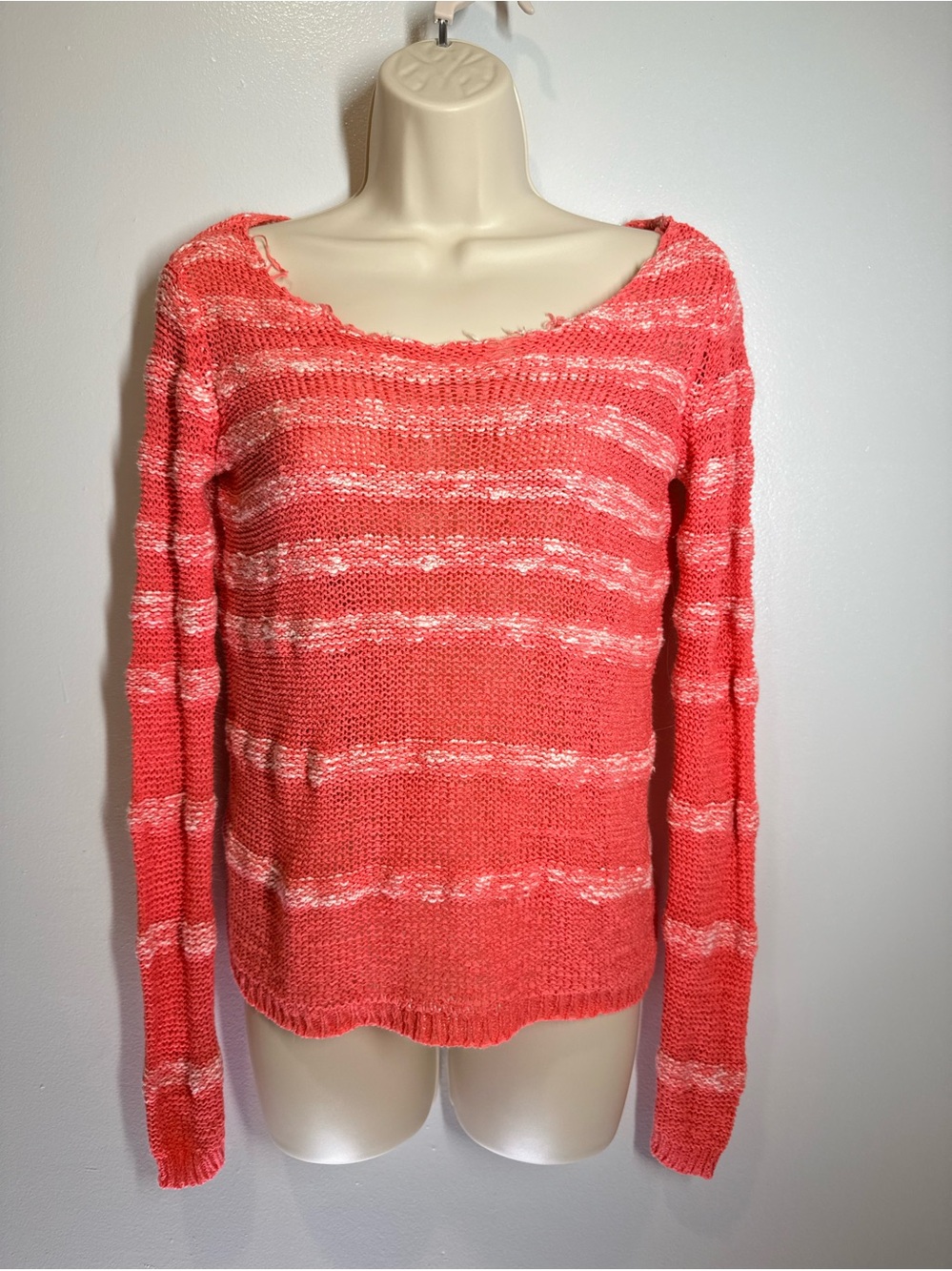 Caribbean Joe Coral and Cream Striped Scoop Neck Sweater